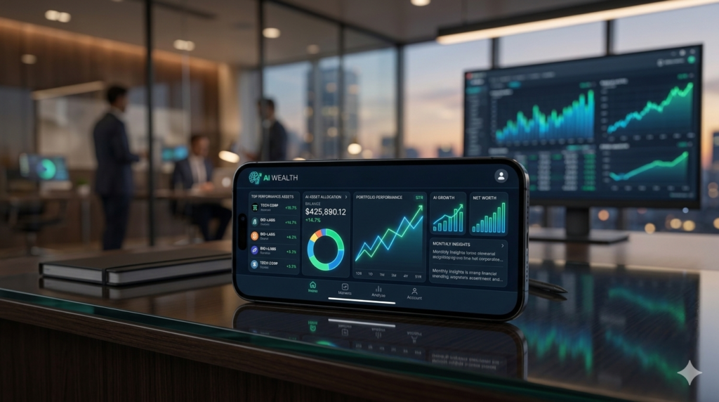 A modern smartphone lying on a reflective desk displaying an AI wealth management tools interface with bright upward trending neon financial growth charts and investment portfolio stats.